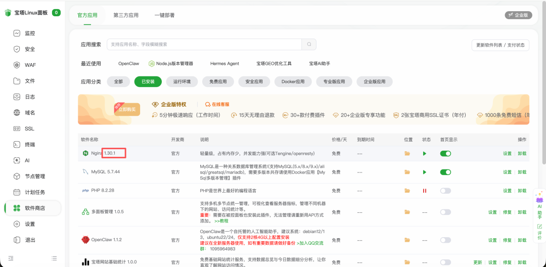 在软件商店确认 Nginx 版本