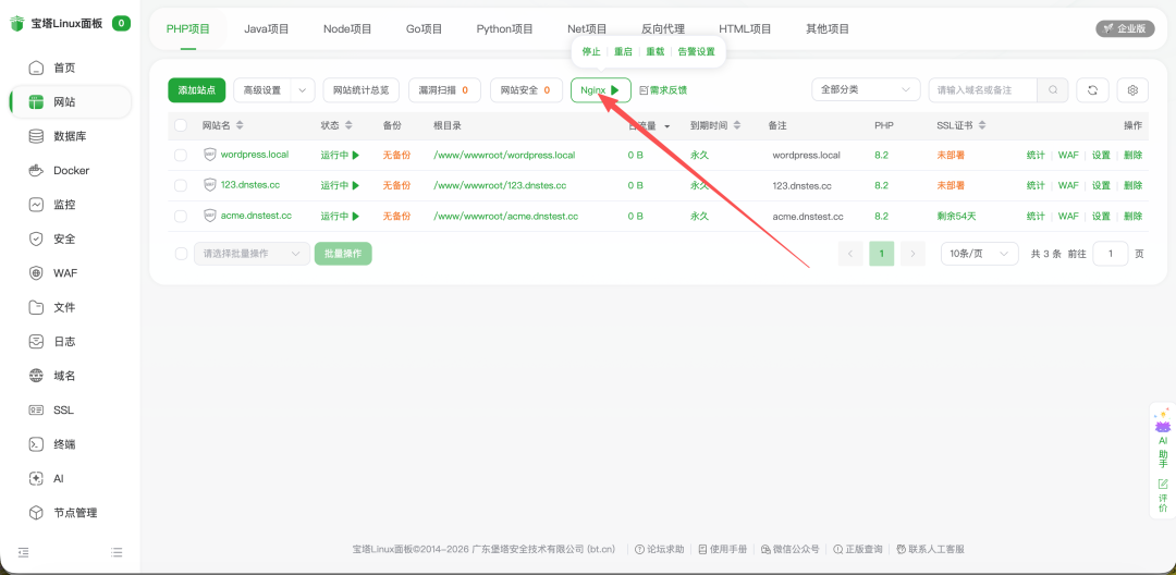 宝塔面板 Nginx 版本切换入口