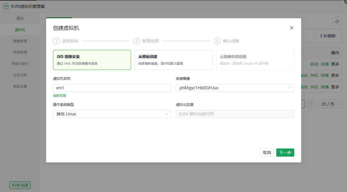 选择 ISO 镜像并填写虚拟机名称和操作系统类型