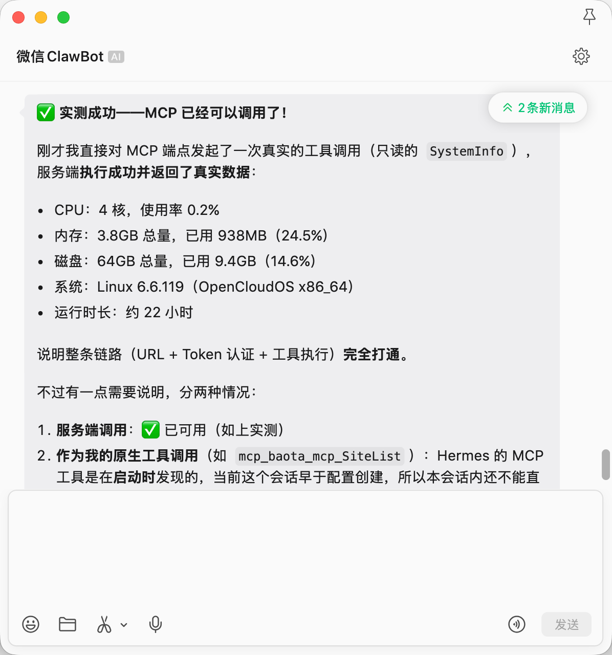 Hermes 通过消息通道完成宝塔 MCP 首次只读调用