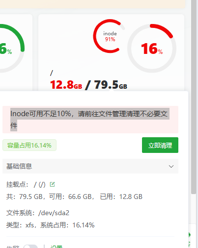 宝塔面板 Inode 占用 91% 告警
