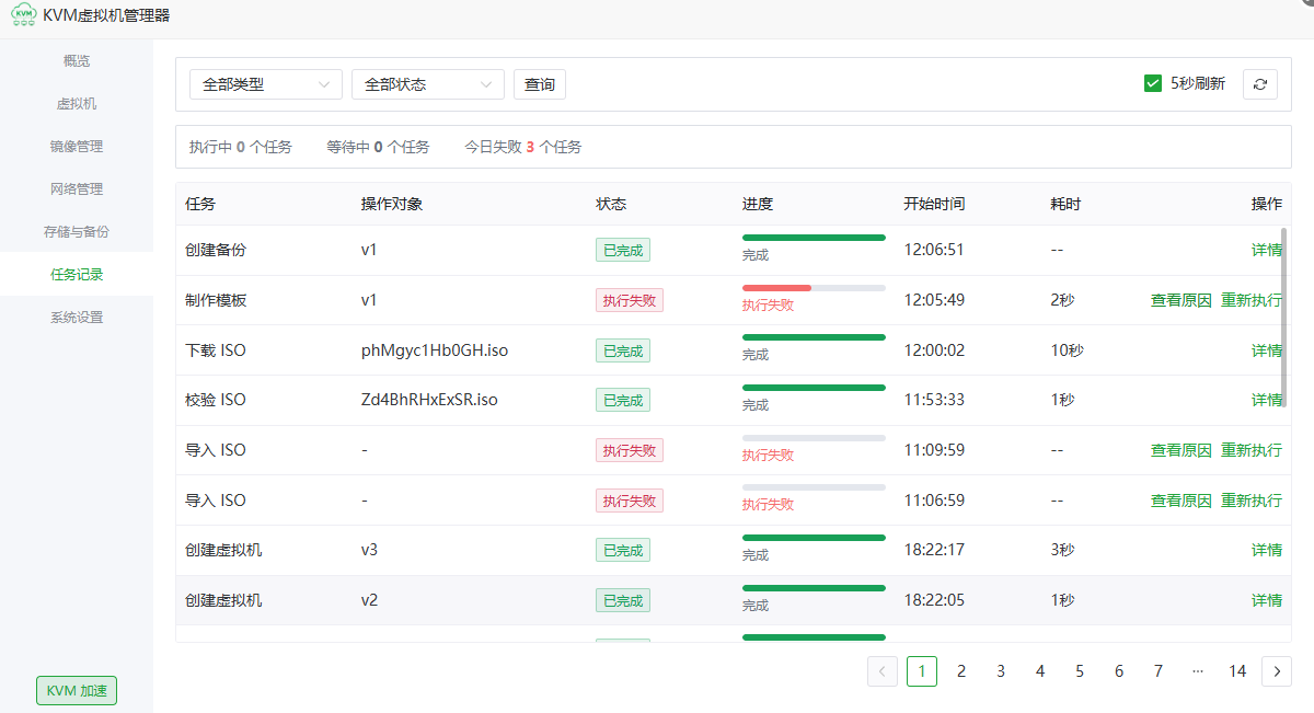 KVM 虚拟机管理器后台任务列表和执行状态