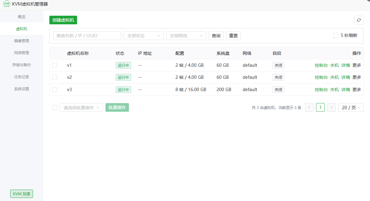 KVM 虚拟机列表和启动关机等生命周期操作入口