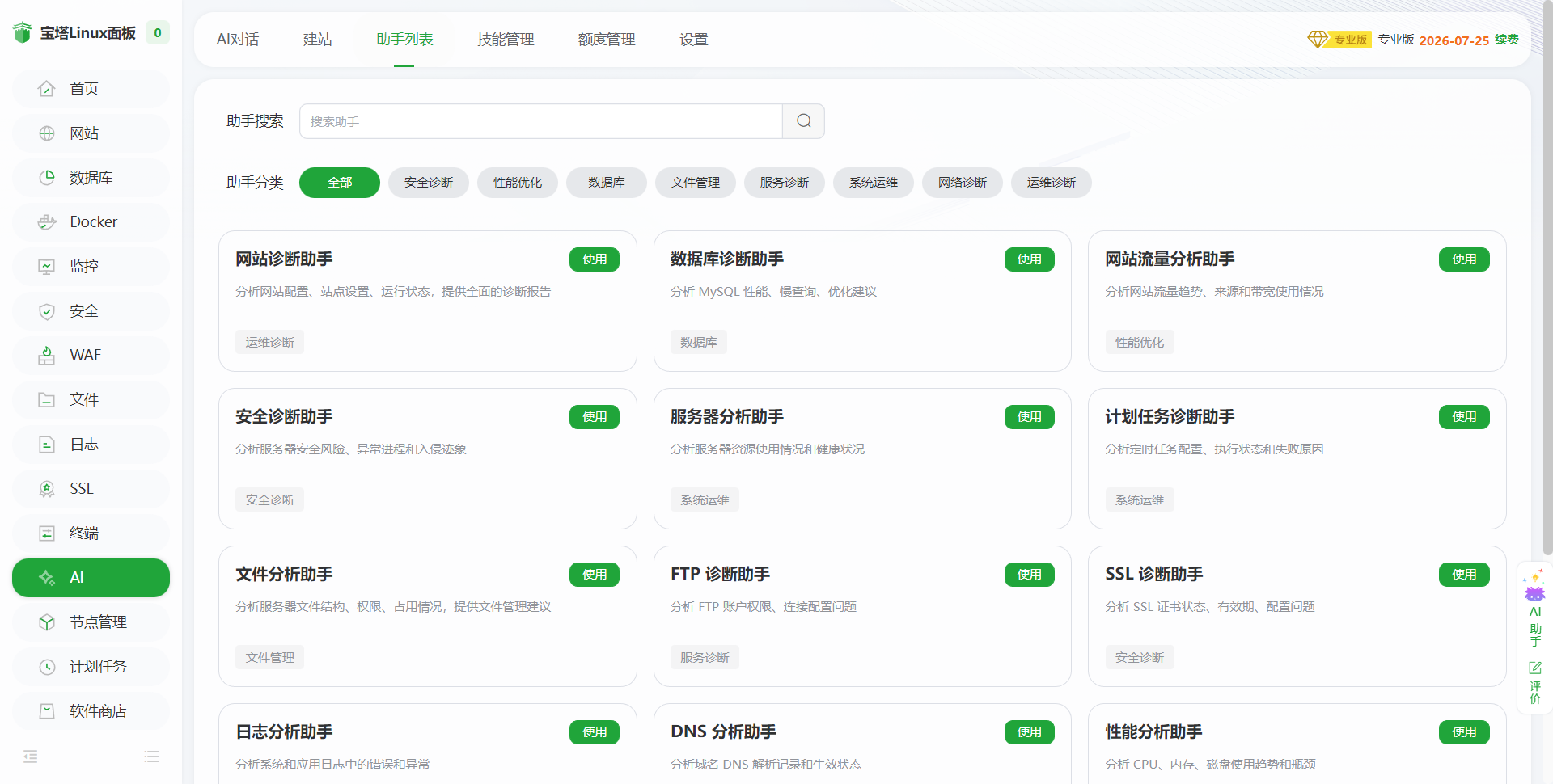 宝塔 AI 专业助手列表