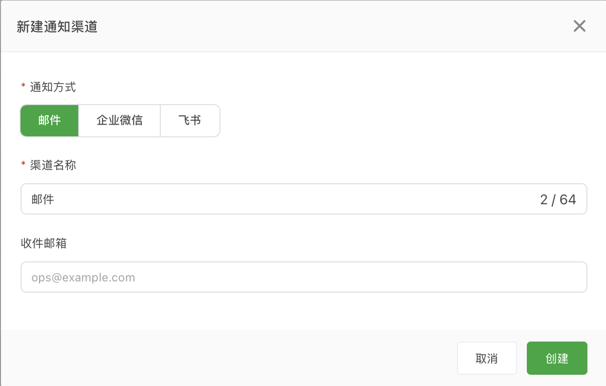 新建通知渠道表单，展示邮件、企业微信、飞书和收件邮箱字段