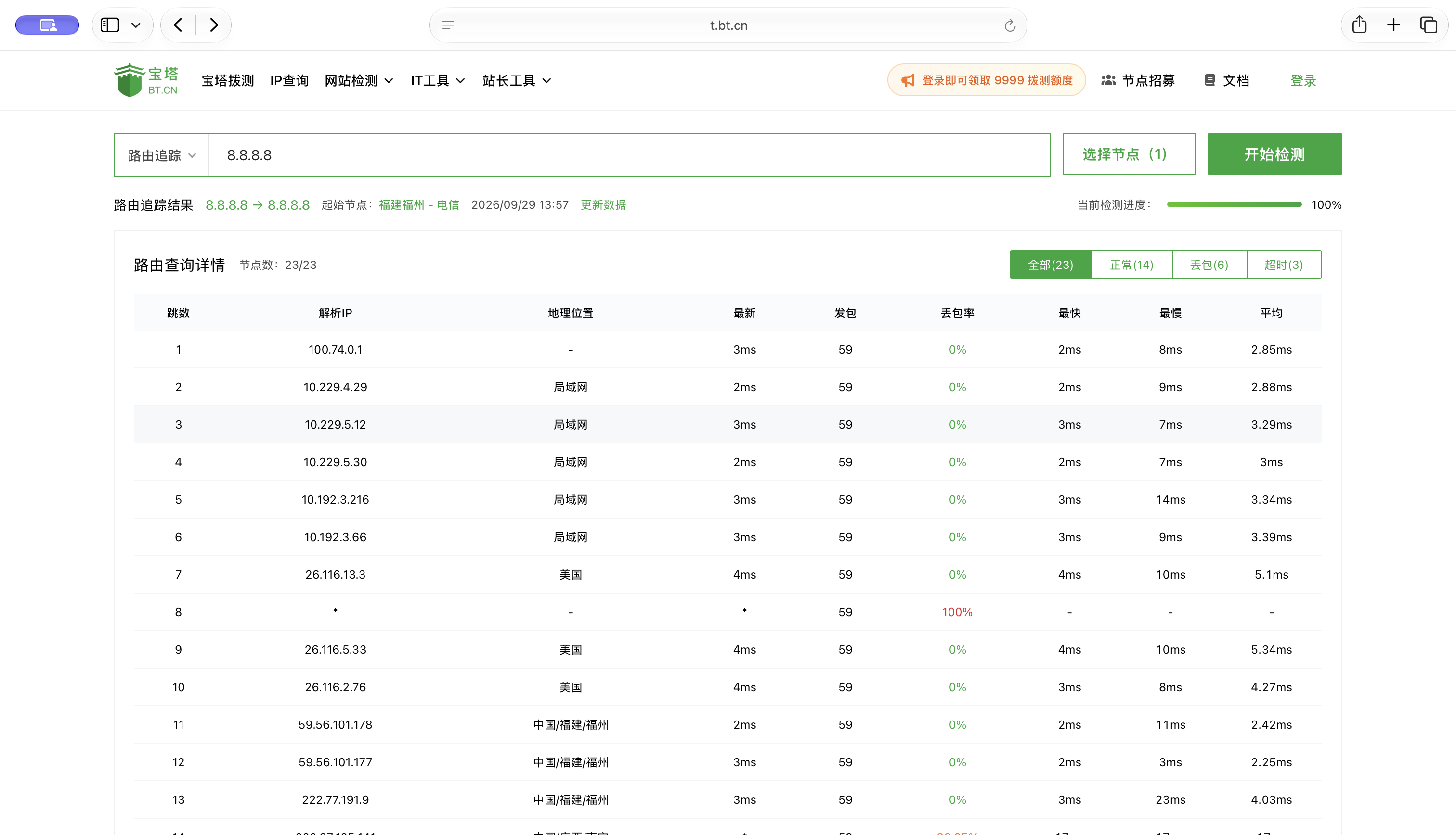 Safari 窗口中的路由追踪结果上半部分，展示目标 IP、起始节点、完成进度、结果筛选和前 13 跳