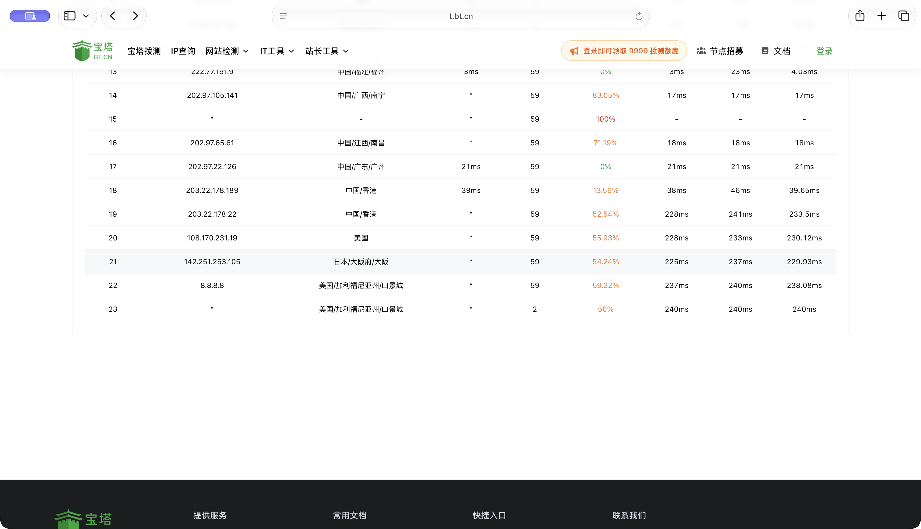 Safari 窗口中的路由追踪结果下半部分，接续展示第 13 至 23 跳及目标 IP 8.8.8.8